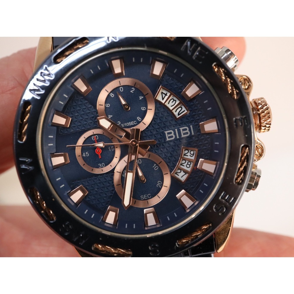 BIBI Men's Quartz Chronograph Watch Blue Dial Metal Band Dual Date New in Box